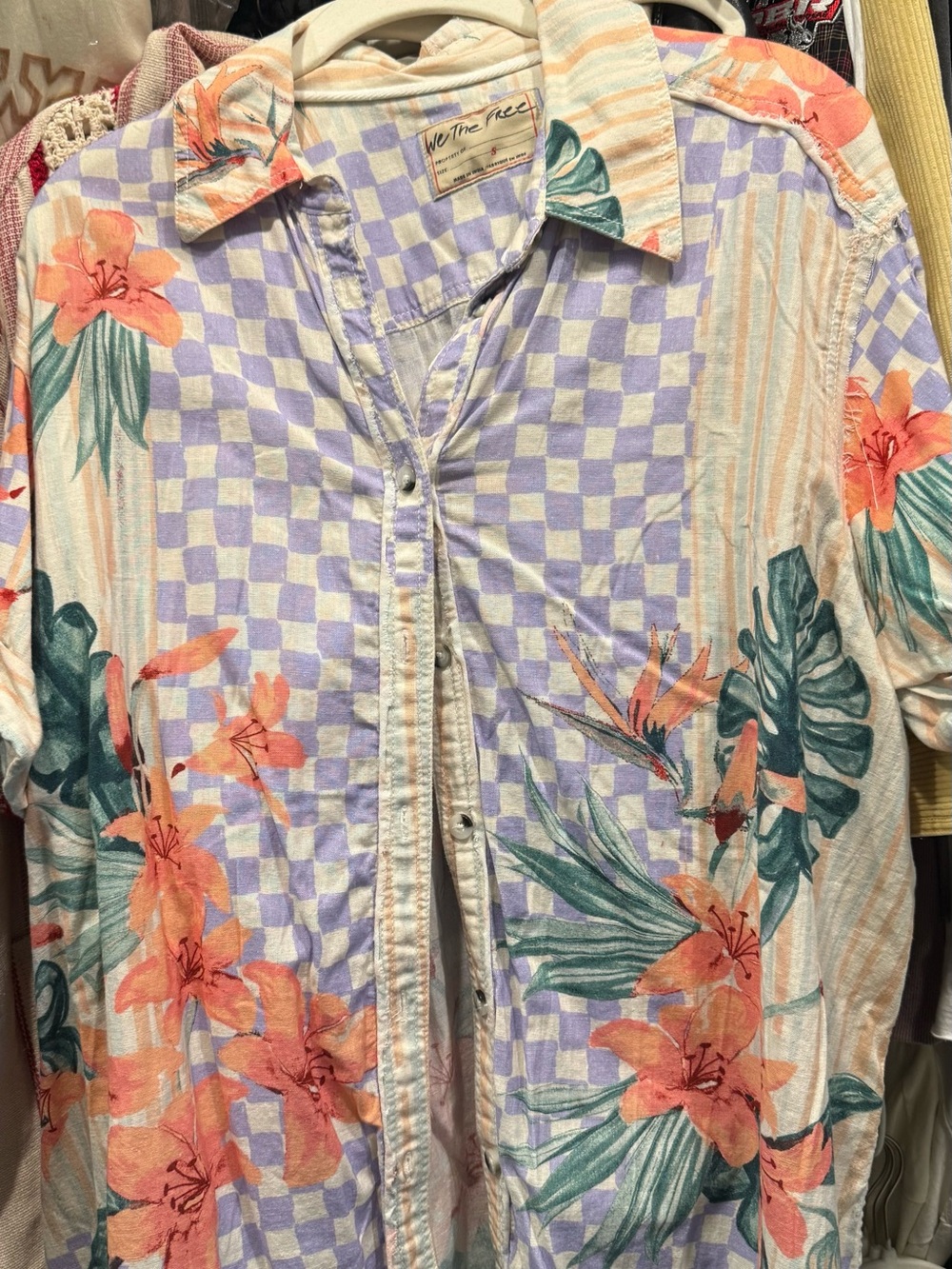 We The Free Purple and Cream Checkerboard Button-Up with Striped Floral Collar - Picture 2 of 2